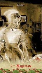 A sepia-toned tarot card illustration labeled 'Energy' at the top and '1 ~ Magician' at the bottom, showing a ghostly figure in a laboratory setting with decorative holly and red berries along the lower edge.