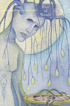 Illustration of a person with wands hanging from their hair, titled 'Five of Wands'.