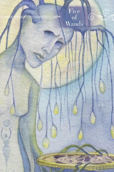 Illustration of a person with wands hanging from their hair, titled 'Five of Wands'.