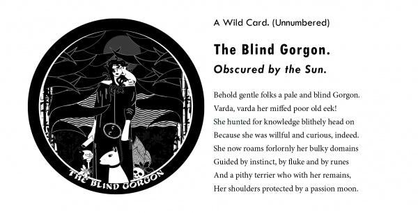 Black and white illustration of a blind Gorgon with text on a white background