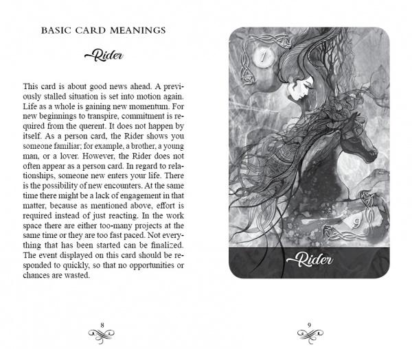 Tarot card with a woman riding a horse and text explaining its meaning.