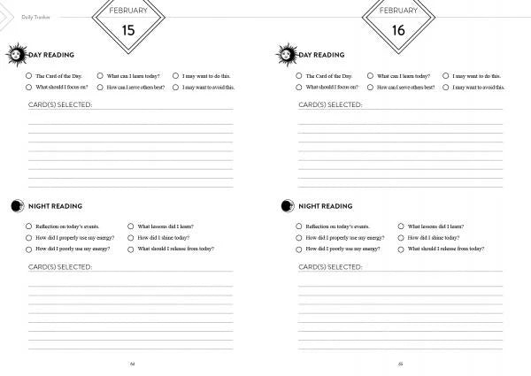 A two-page spread of a daily reading planner or worksheet, showing February 15 and February 16 with sections for daily quotes, day and night reading prompts, and card selection lines on a white background.