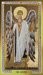 Mosaic of an angel holding scales and a sword, labeled 'VIII - Justice'.