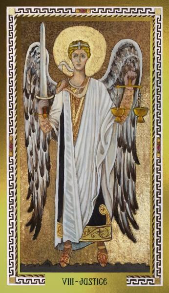 Mosaic of an angel holding scales and a sword, labeled 'VIII - Justice'.