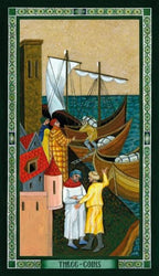 Illustration of a coastal scene with people and a ship, framed with decorative elements.