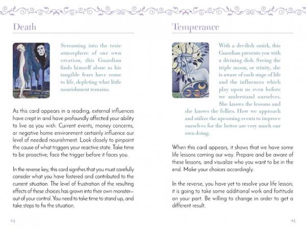 Card from a tarot or oracle deck with illustrations and text on 'Death' and 'Temperance'.