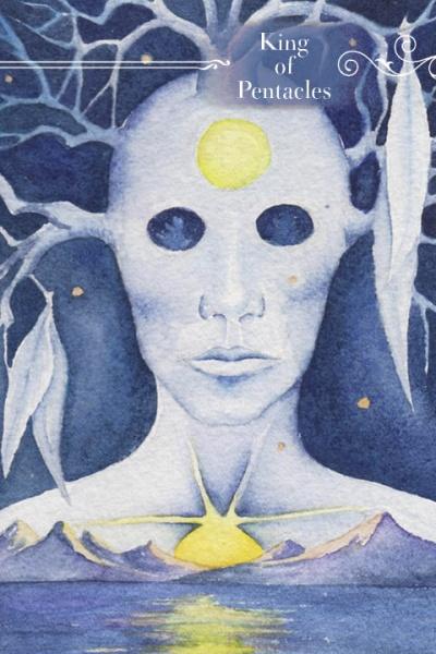 Card featuring a faceless figure with a yellow circle on the forehead, titled 'King of Pentacles'.