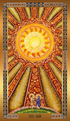 Decorative card with a sun design and two people under an arch, featuring intricate patterns and colors.
