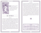Two pages from a tarot card book, one with an illustration of a figure and text, the other with detailed text and symbols.