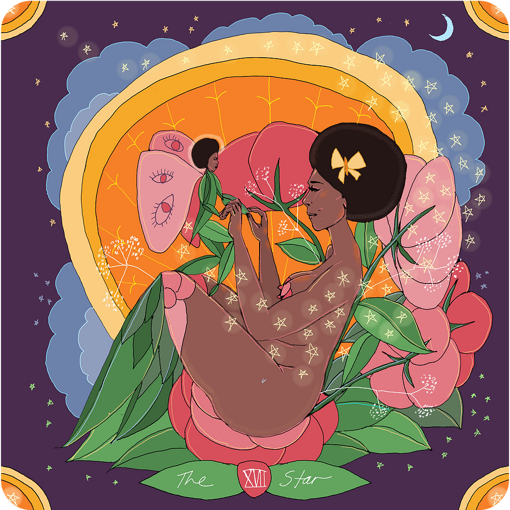 Illustration of a woman holding flowers with celestial elements and 'The Star' tarot card design.