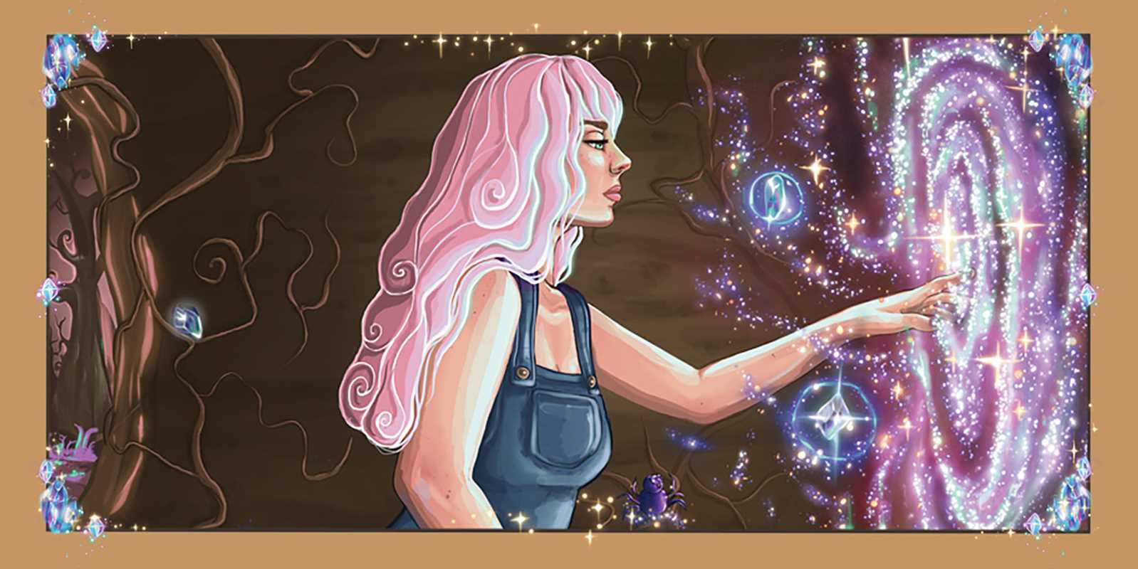 Jigsaw puzzle with a woman with pink hair and a blue dress reaching towards a mystical swirling design.