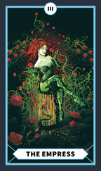 Tarot card featuring 'The Empress' with a woman surrounded by roses on a dark background.