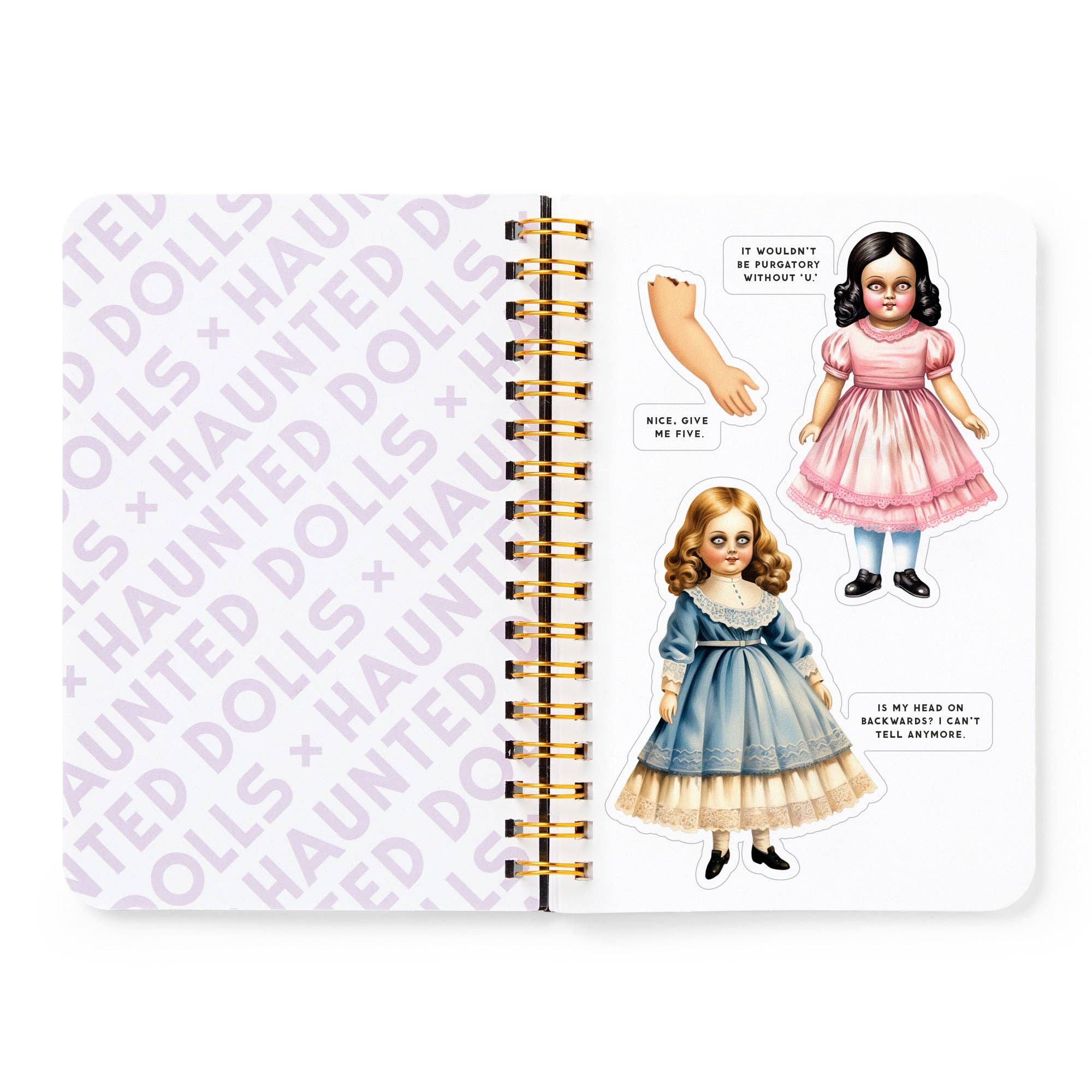 Notebook with illustrations of dolls on a white background