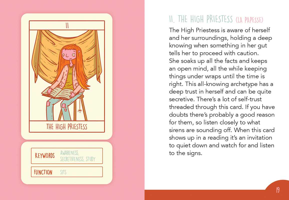 Tarot card titled 'The High Priestess' with an illustration of a woman sitting on a stool, surrounded by text and labels.