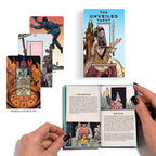 Unveiled Tarot cards with a book and hands holding the book open.