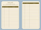 Two planner pages with columns for 'Date', 'Card name', and 'Keywords' on a light blue background.