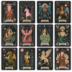 A 12-card tarot-style illustration set arranged in a 3x4 grid on a black background. Each card features a different fantasy creature or figure with labeled names including Yule Goat, Unicorn, Thunderbird, Sphinx, Selkie, Phoenix, Banshee, Naga, Dragon, Faun, Griffin, and Kitsune.