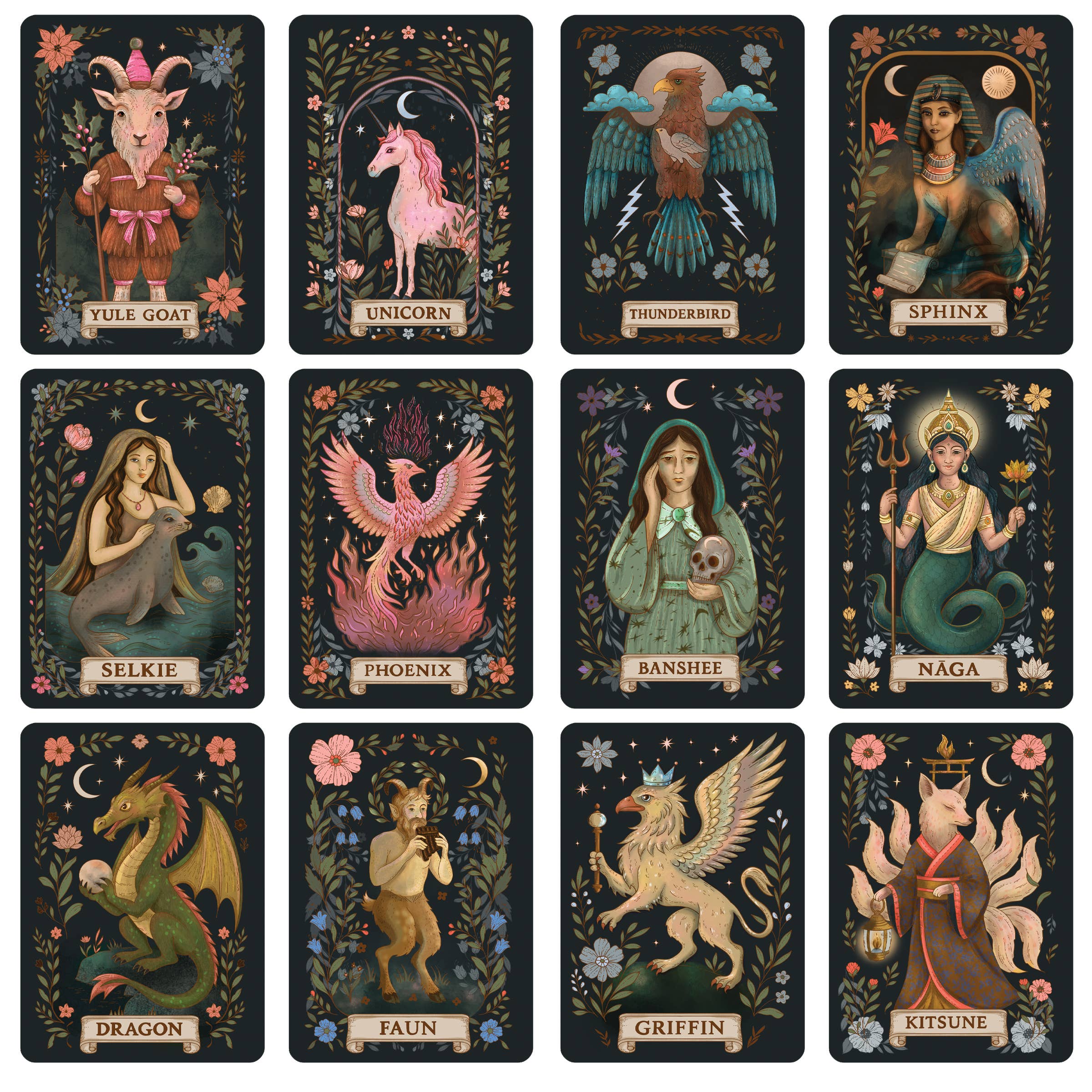 A 12-card tarot-style illustration set arranged in a 3x4 grid on a black background. Each card features a different fantasy creature or figure with labeled names including Yule Goat, Unicorn, Thunderbird, Sphinx, Selkie, Phoenix, Banshee, Naga, Dragon, Faun, Griffin, and Kitsune.