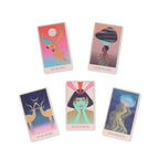 Set of five colorful tarot cards with illustrations and text on a white background