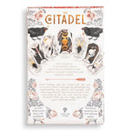 Card deck packaging titled 'The Citadel' with illustrations and text on a white background