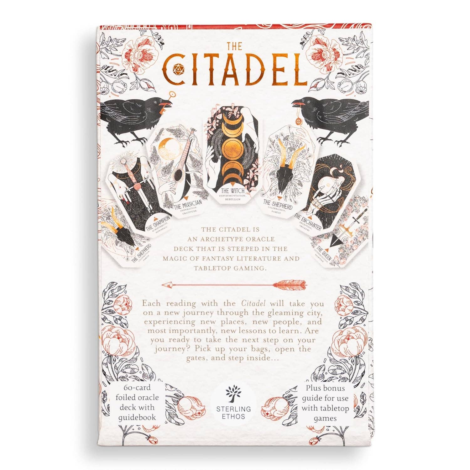 Card deck packaging titled 'The Citadel' with illustrations and text on a white background