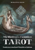 Book cover of 'Mythologia Fennica Tarot' featuring a woman in a boat with a dragon-like creature.