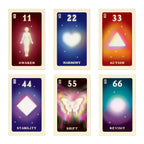 Set of six tarot cards with numbers, symbols, and text on a white background