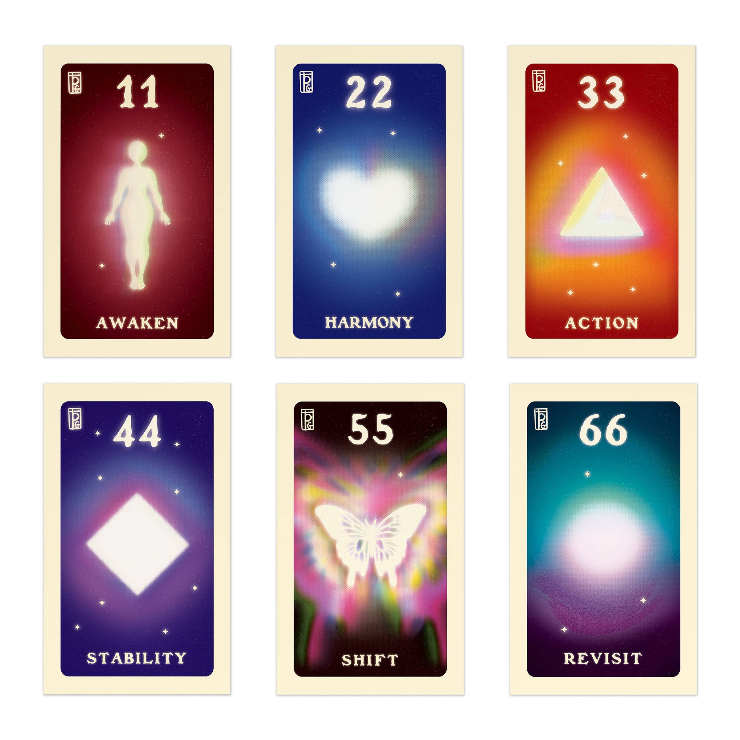 Set of six tarot cards with numbers, symbols, and text on a white background