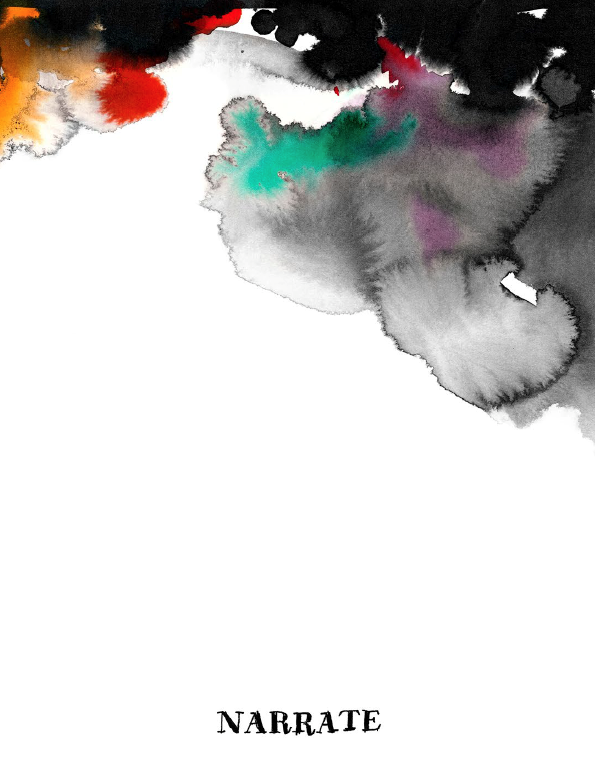 Abstract watercolor design with splashes of color on a white background, featuring the word 'NARRATE' at the bottom.