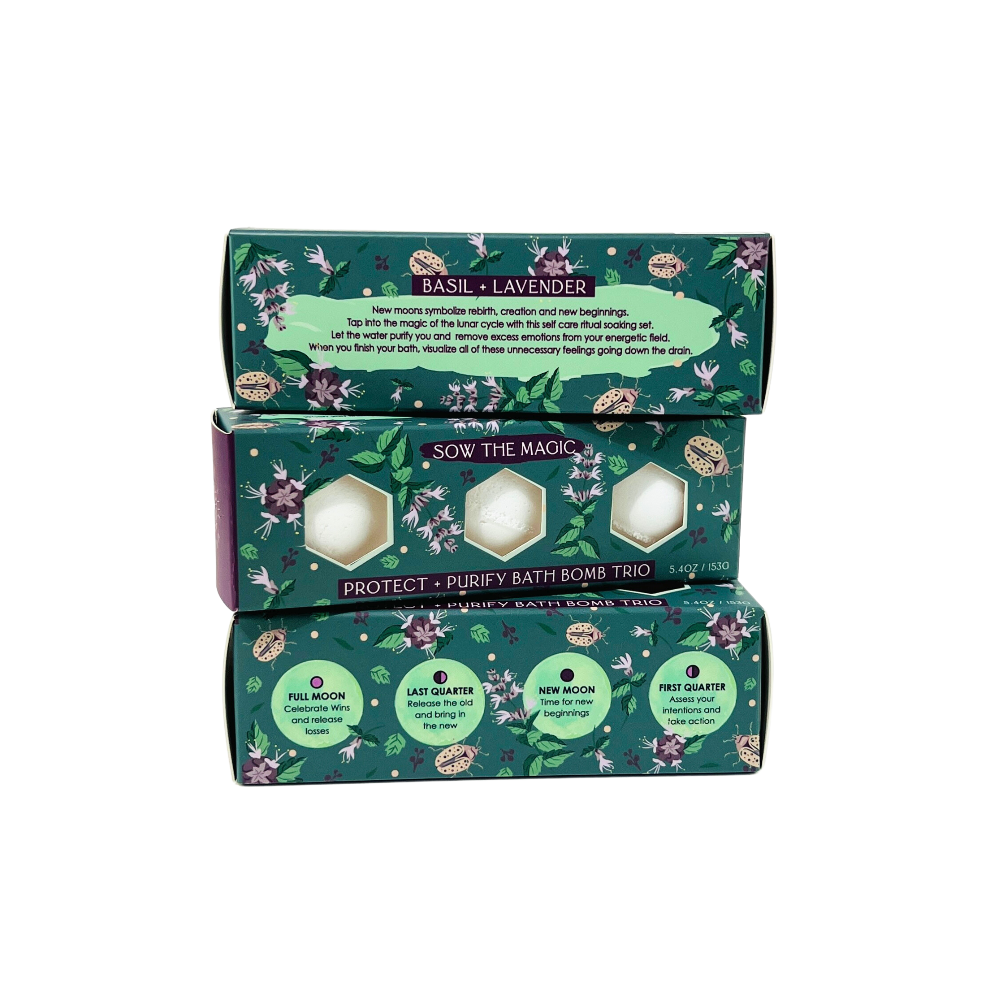 Three stacked bath bomb boxes with floral designs and text on a white background