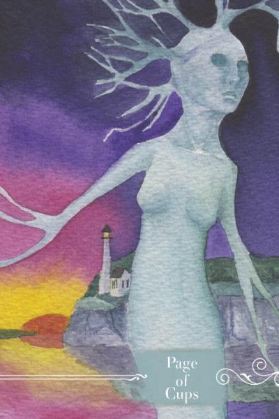 Card featuring a stylized figure with a lighthouse and colorful sky