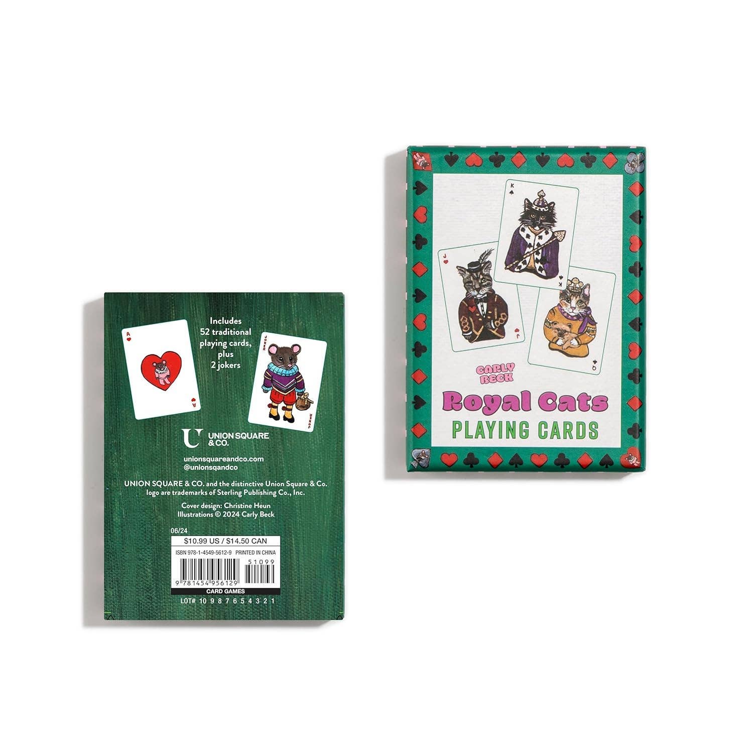 Royal Cats Playing Cards shown from both the front and back. The front features a green border with red hearts and illustrations of three cat kings, while the back displays product details, a barcode, and sample playing cards.