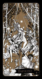 Tarot card featuring a stylized illustration of women in a forest with 'Temperance' at the bottom.