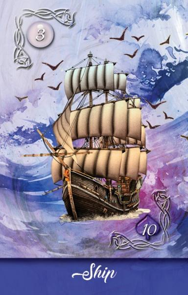Card with a ship illustration on a blue and purple watercolor background