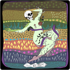 Colorful illustration of a skeleton with a long neck and various elements on a patterned background.