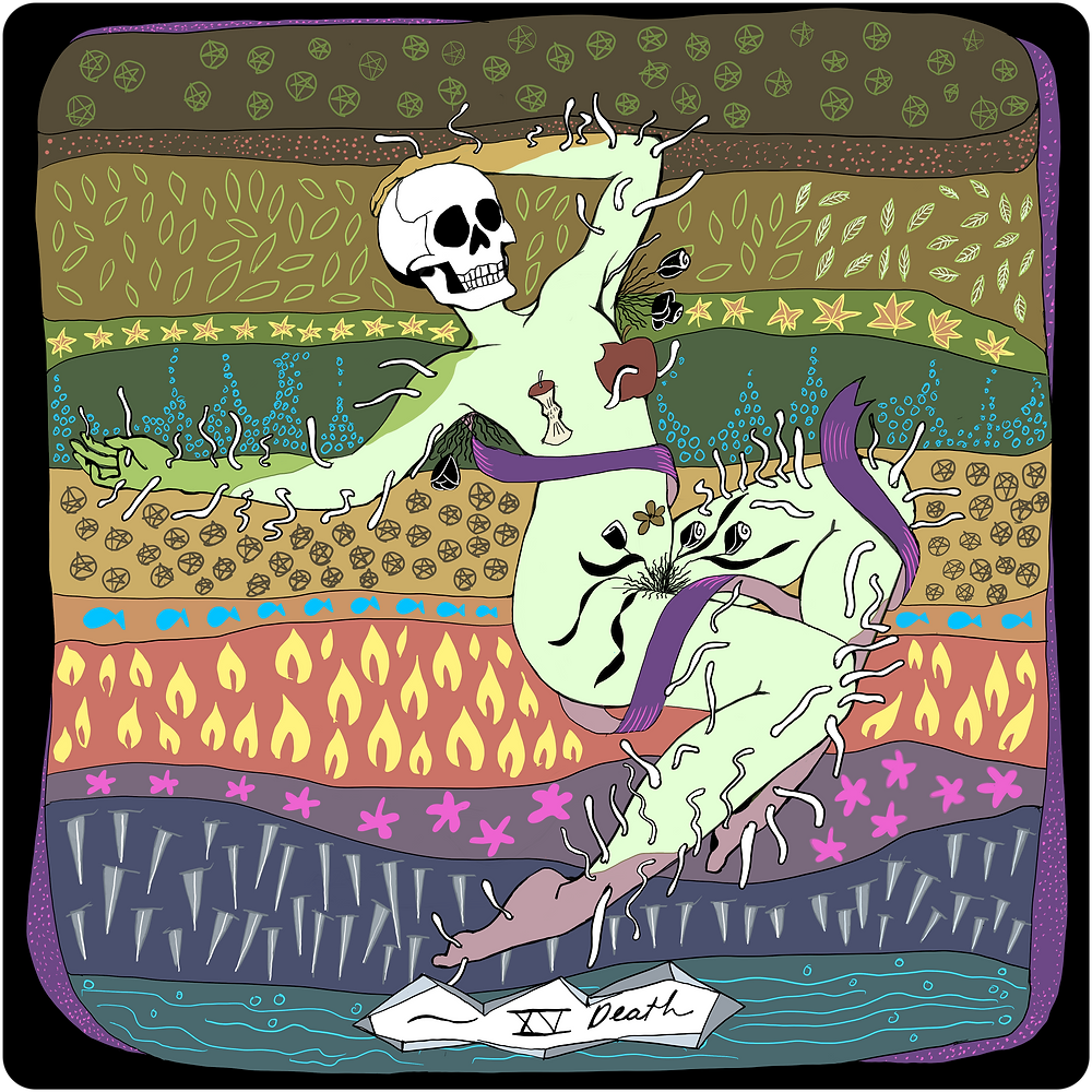 Colorful illustration of a skeleton with a long neck and various elements on a patterned background.