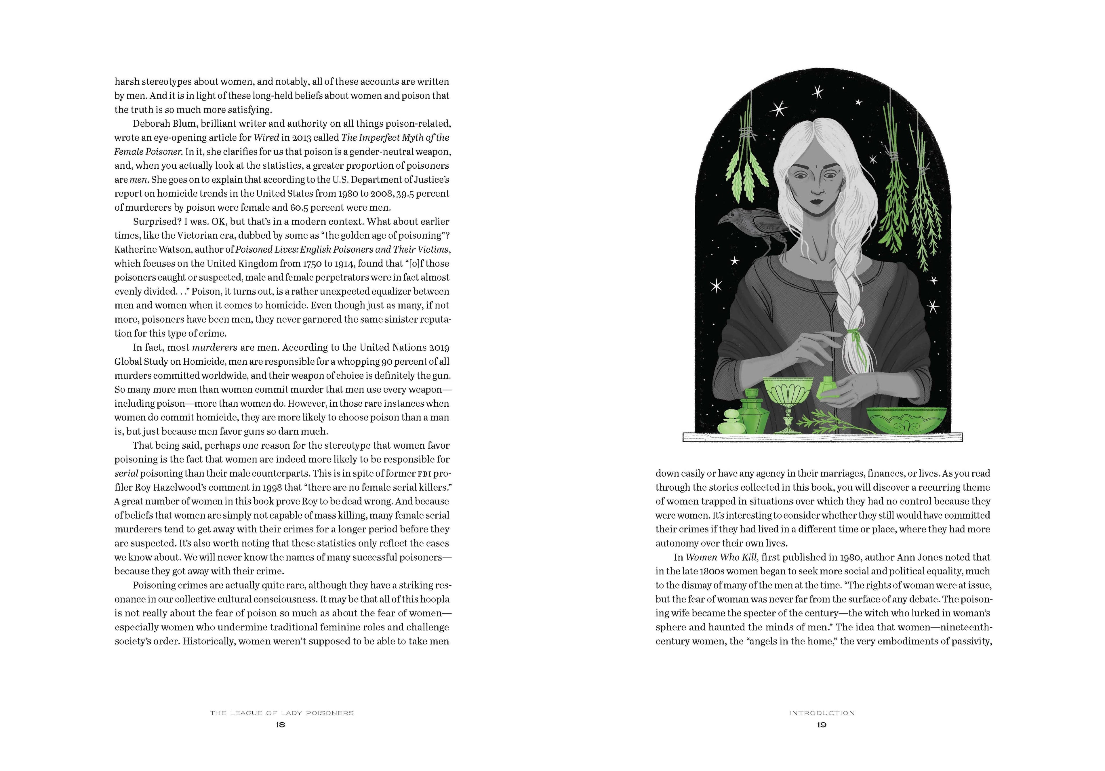 Illustration of a woman with white hair and a green dress in an archway, surrounded by plants, on a white background.