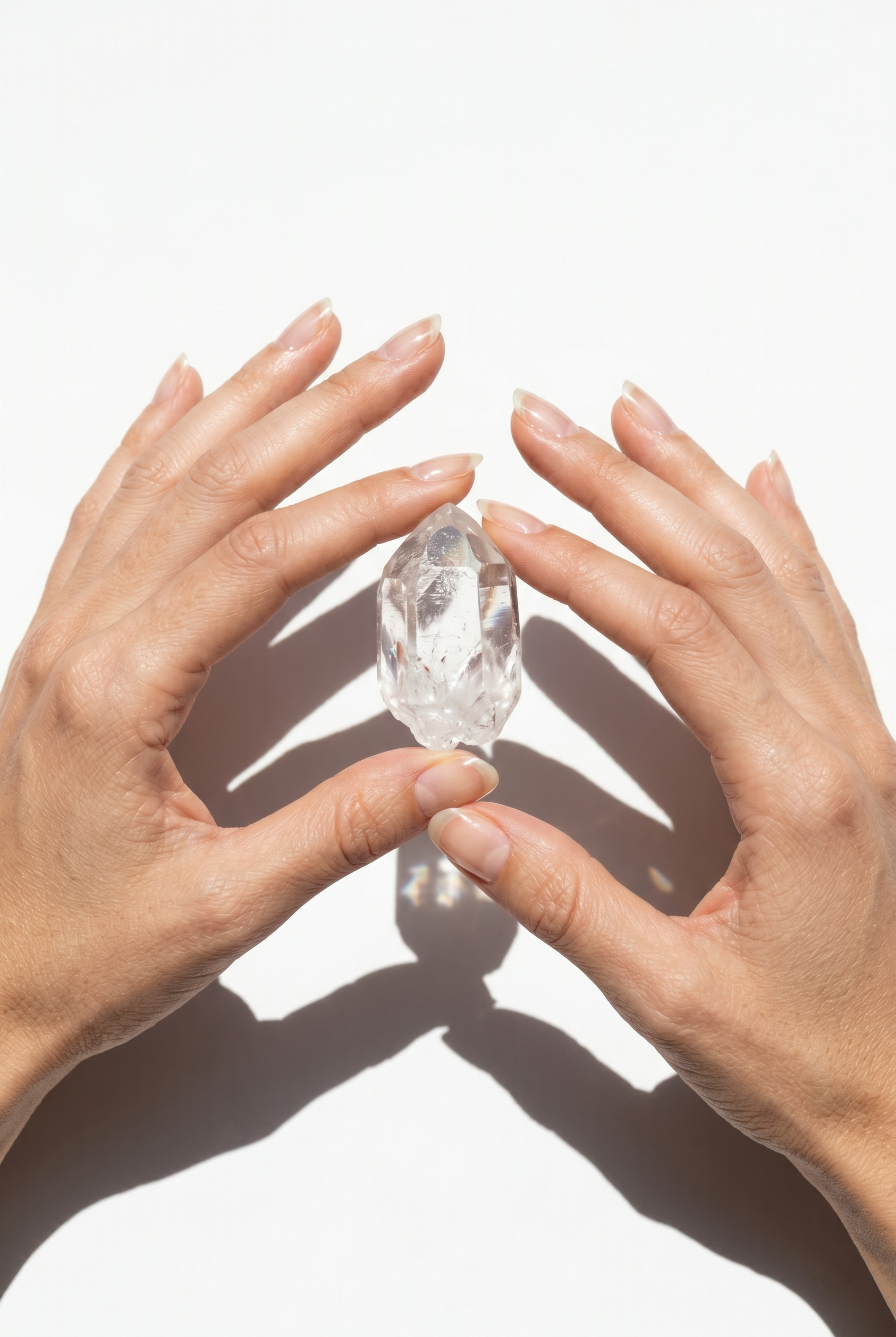 Two hands holding a clear crystal against a white background