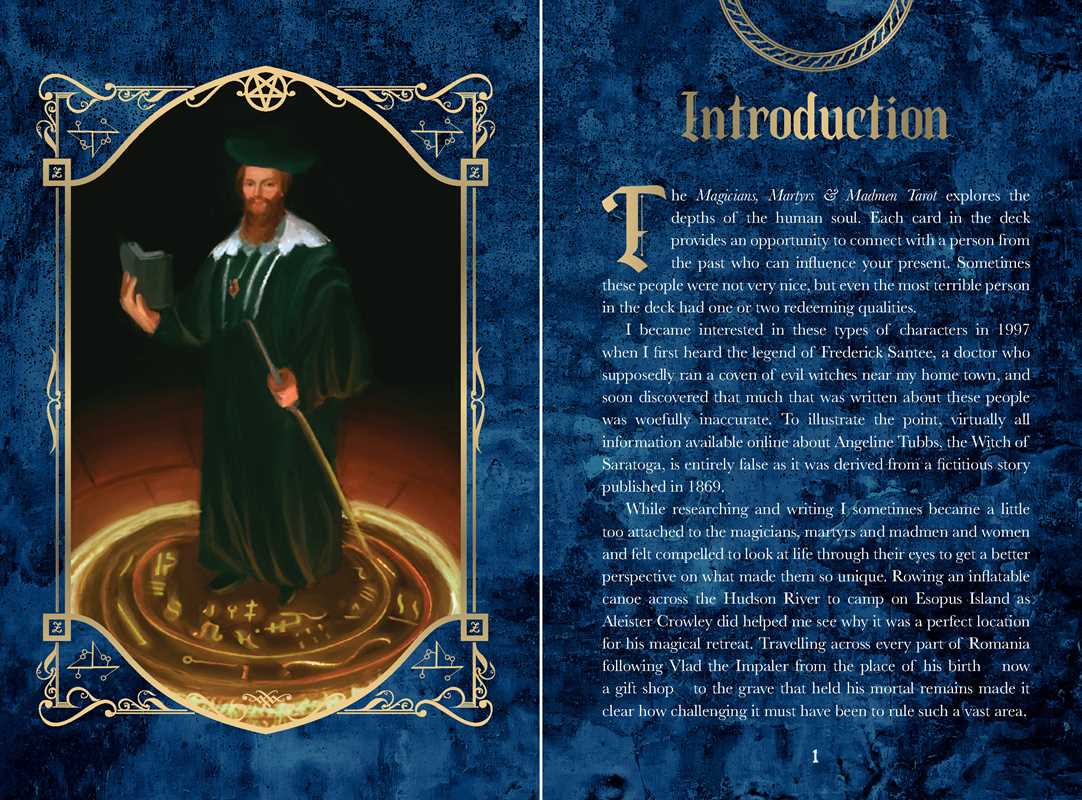 Magician in green robe with book and staff on a blue background with text