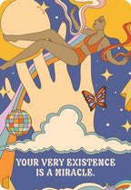Artistic depiction of a person lounging on a cloud with celestial elements and motivational text.