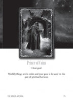 Card from a tarot deck titled 'Prince of Coins' with a dark background.