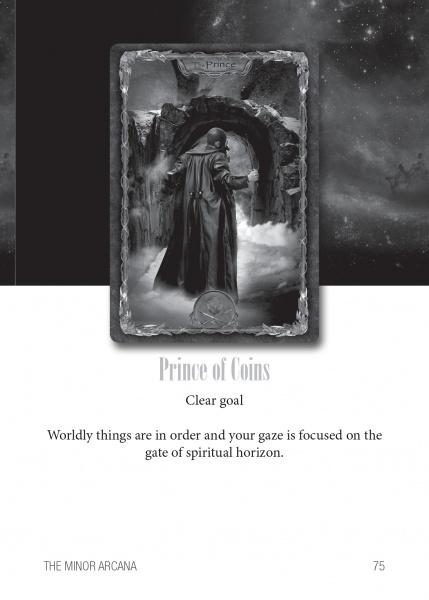 Card from a tarot deck titled 'Prince of Coins' with a dark background.
