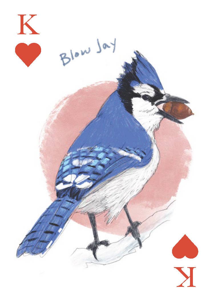 Card featuring a blue jay with 'K' and heart symbols on a white background