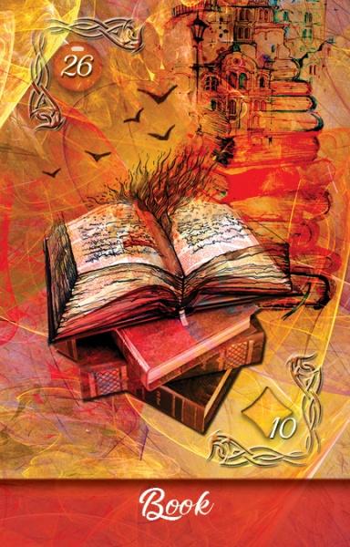 Decorative card with an open book, numbers 26 and 10, and a castle in the background.