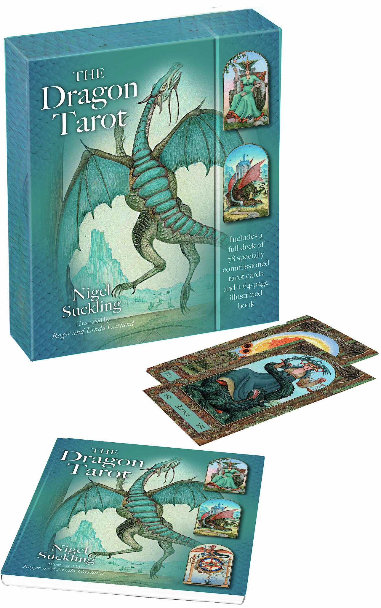 Dragon Tarot card set with box, cards, and book on a white background