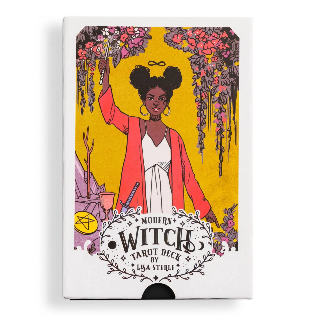 Modern Witch Tarot Deck packaging with a woman holding flowers against a yellow background
