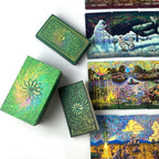 Colorful card boxes with artistic designs on a white background