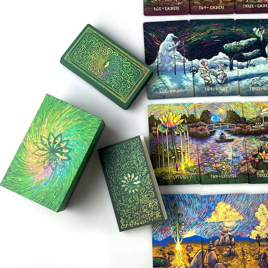 Colorful card boxes with artistic designs on a white background