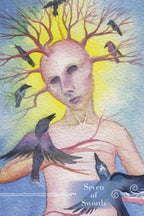 Artistic depiction of a person with a tree-like head and crows, titled 'Seven of Swords'.