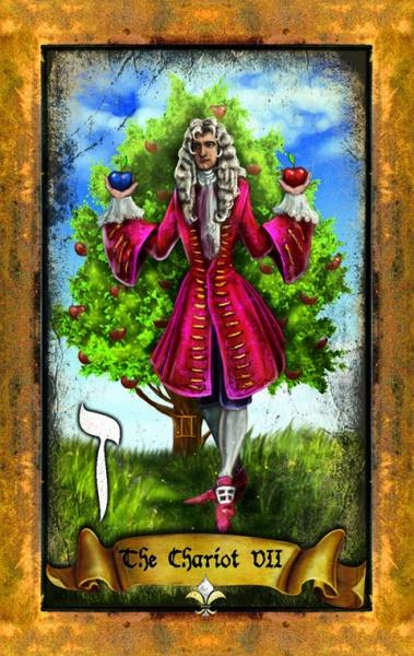 Tarot card featuring a character in a pink outfit with a tree and blue sky in the background.
